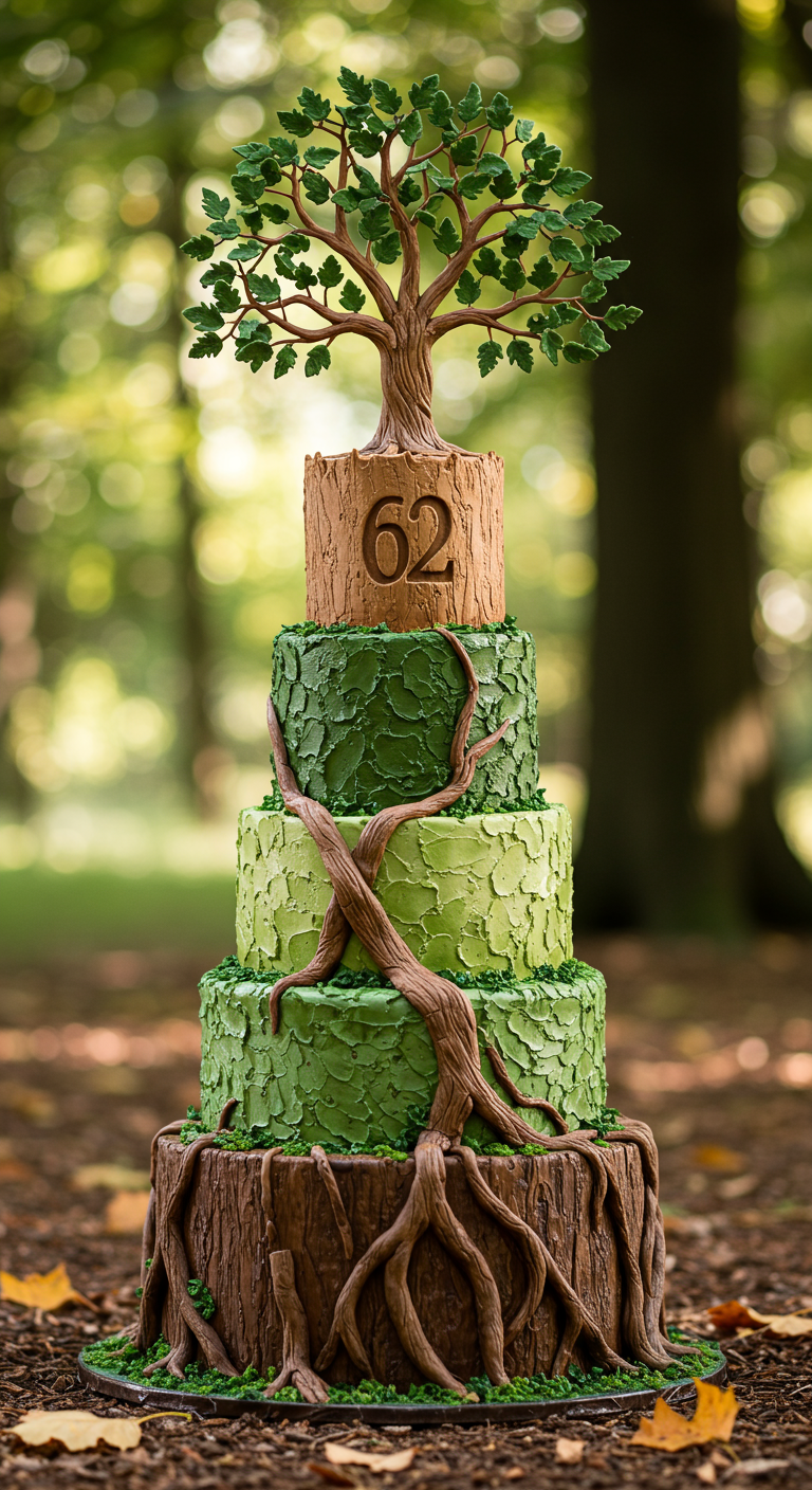 Mehrstöckige Torte mit detaillierter Baumrinde-Optik und einem Baum, dessen Wurzeln sichtbar sind.