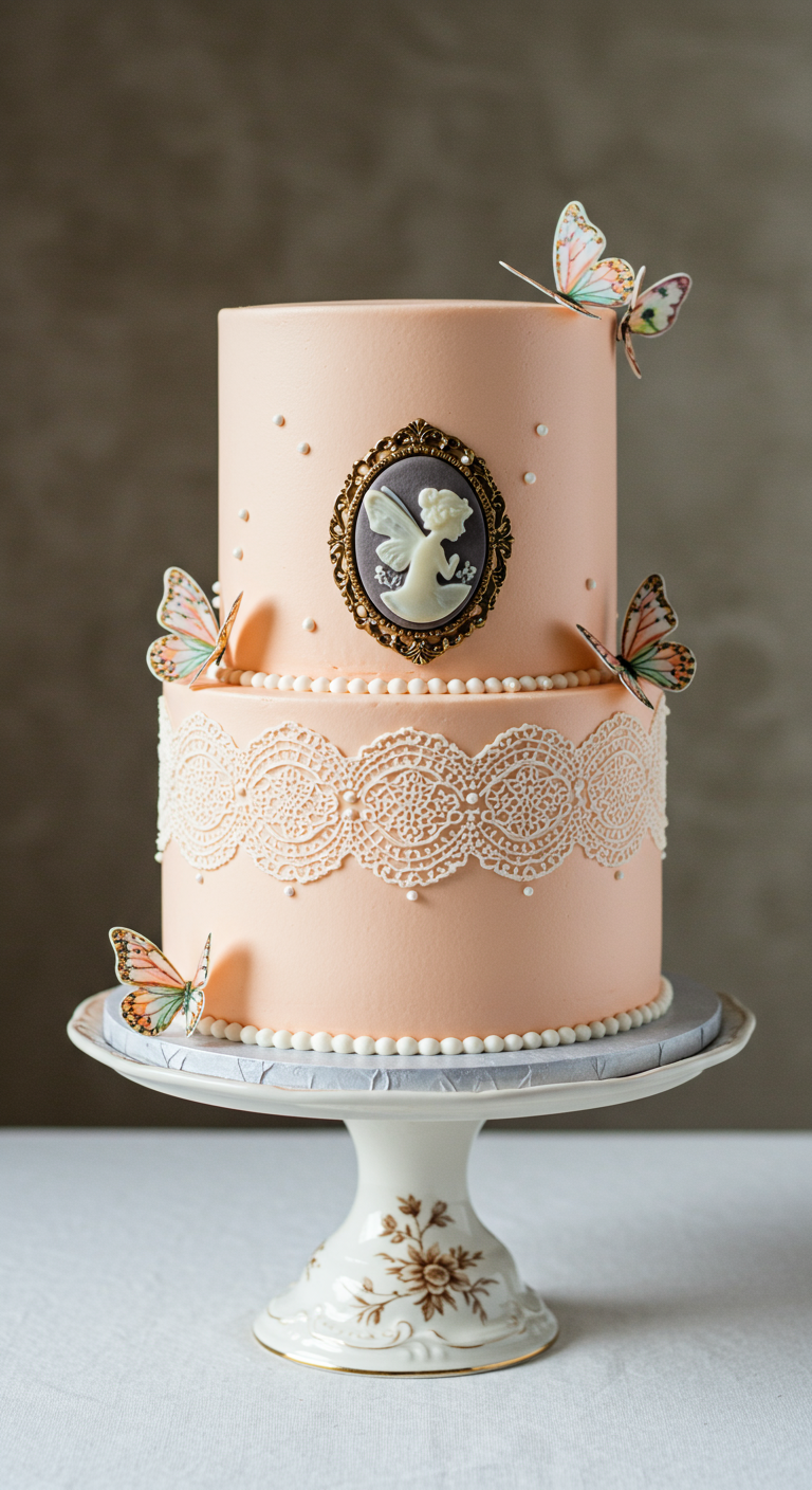 Pfirsichfarbene Torte mit weißer Spitze, Cameo-Medaillon und Schmetterlingen.