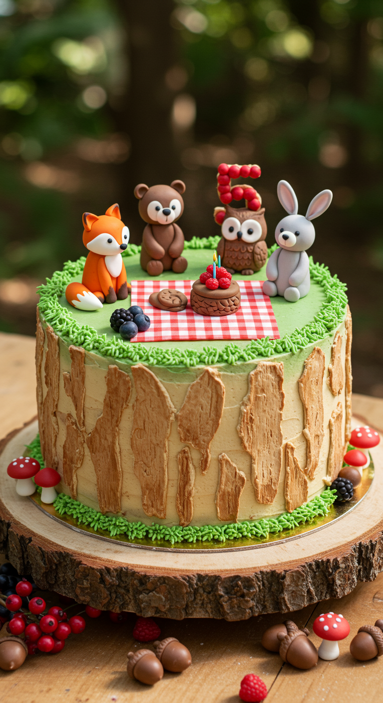 Waldtiere-Torte mit Baumrinden-Optik, Fondant-Tieren und Beeren-Deko.