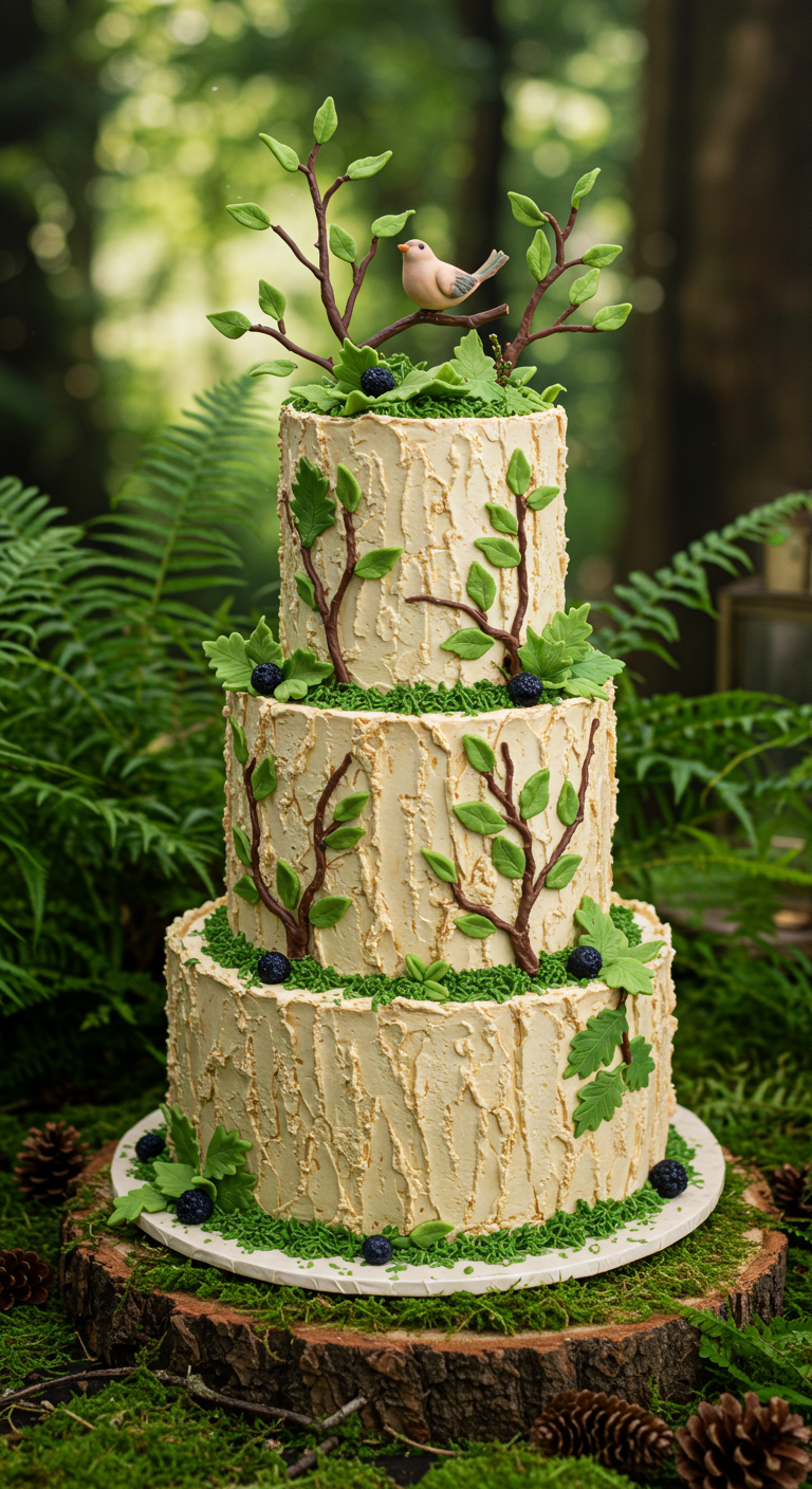 Dreistöckige rustikale Torte mit Baumrinden-Textur und Walddeko.