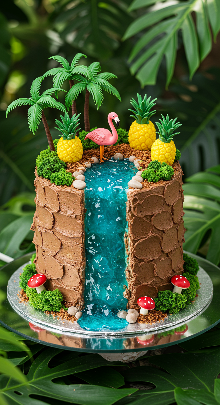 Schokoladen-Torte mit blauem Gel-Wasserfall, Mini-Palmen und Flamingo.