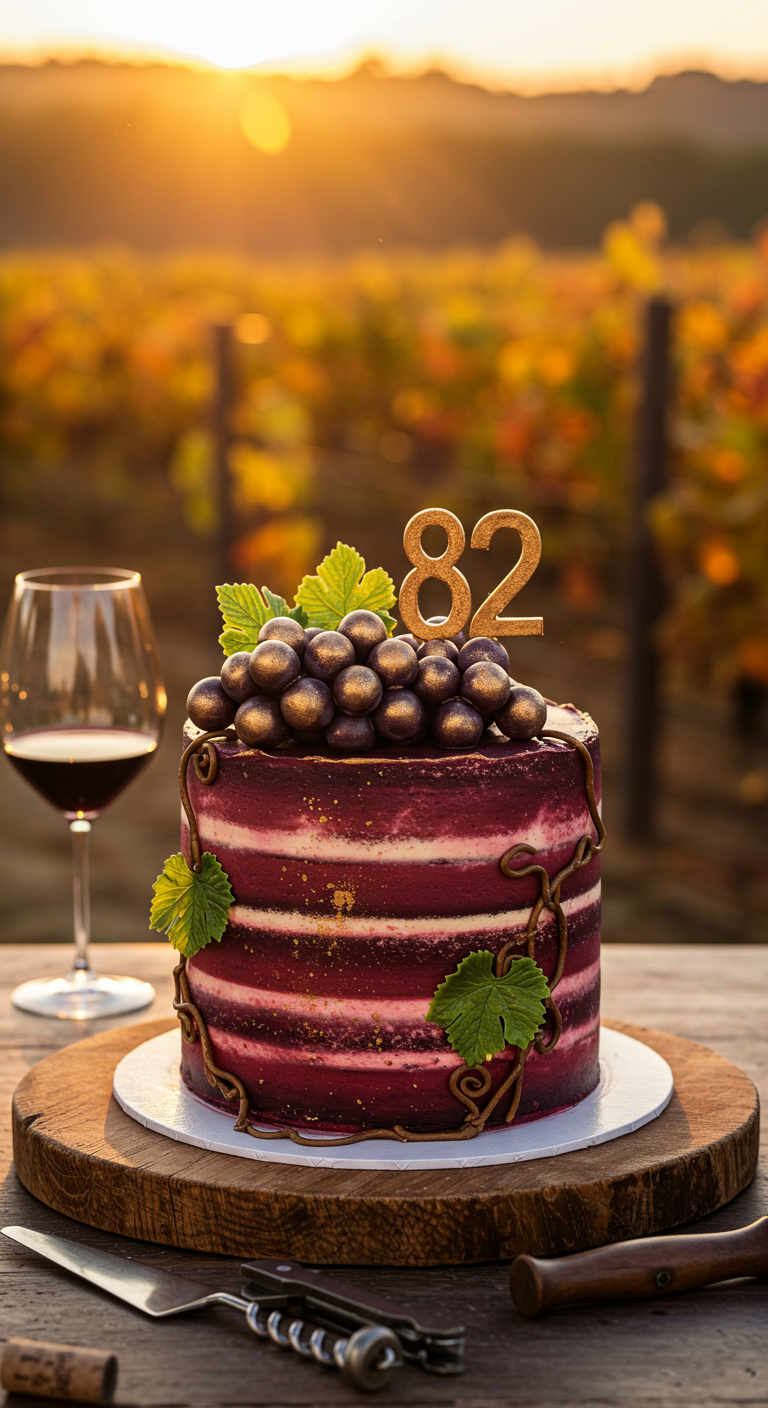 Bordeauxroter Kuchen mit goldenen Streifen, Fondant-Trauben und Weinblättern.
