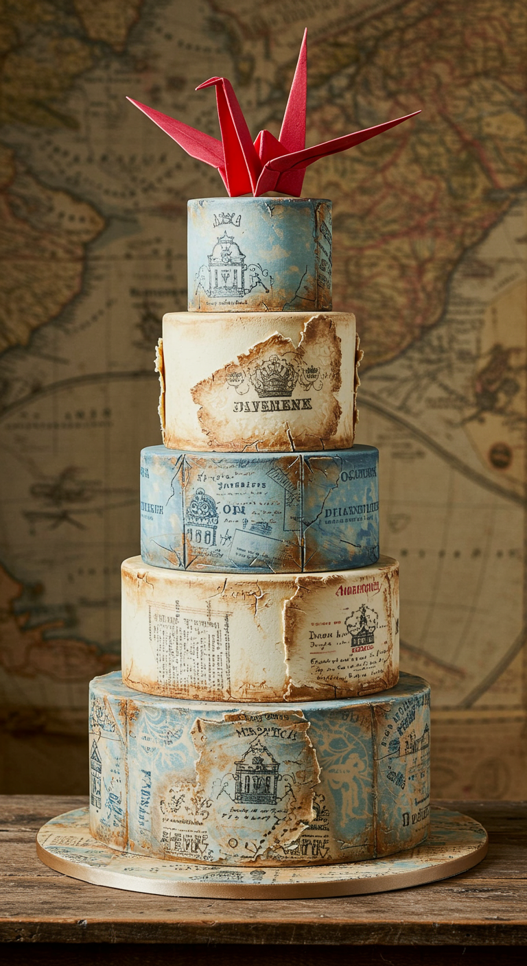 Mehrstöckige Torte mit Vintage-Landkarten-Design und rotem Origami-Kranich.