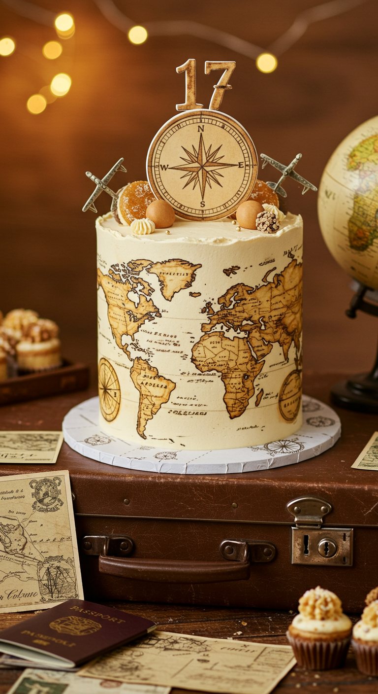 Torte mit Vintage-Weltkarten-Design, Kompass-Topper und Zahl 17.