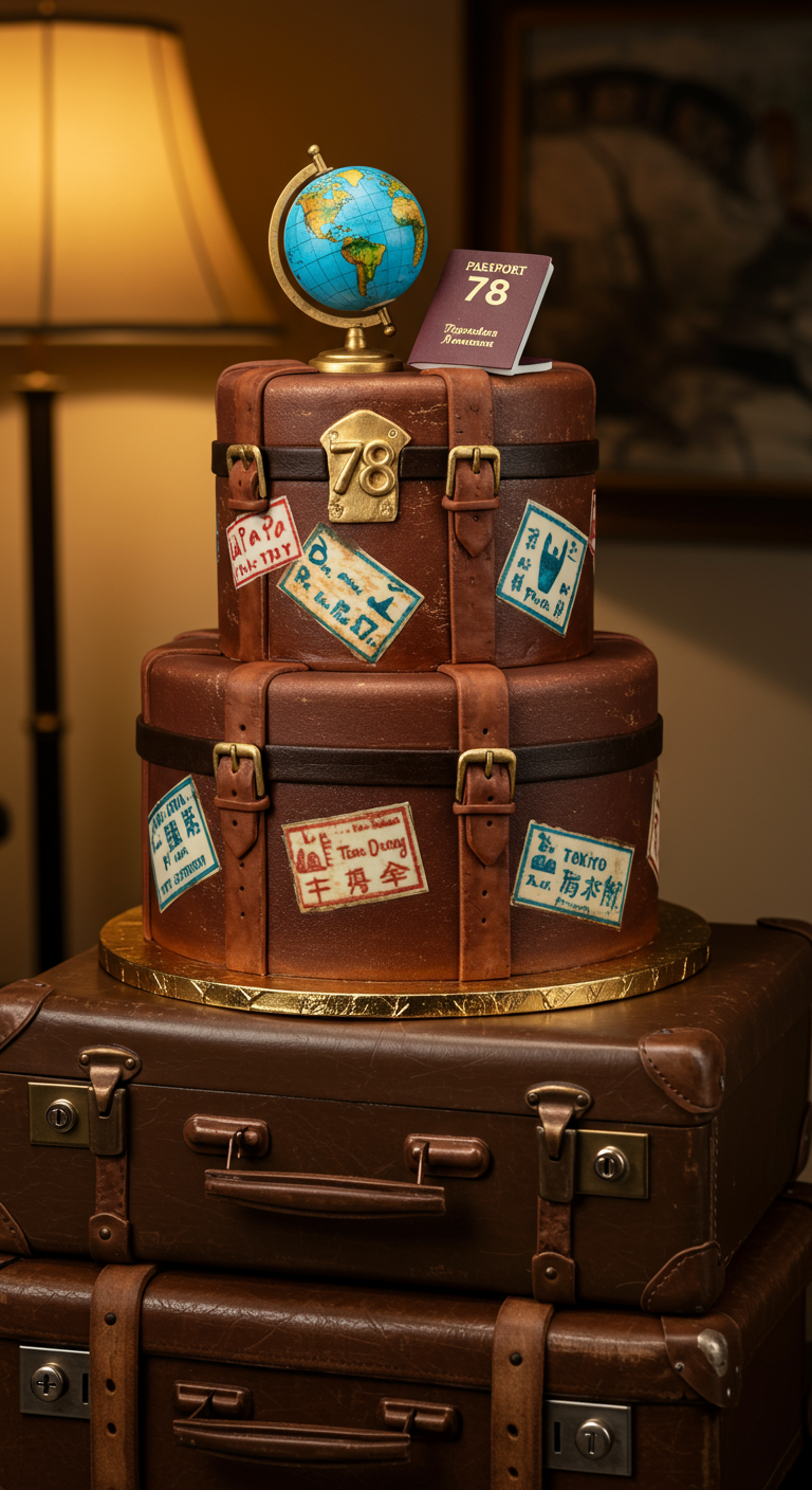Dreistöckige Torte in Form von gestapelten Vintage-Koffern mit Reisestickern und Globus.