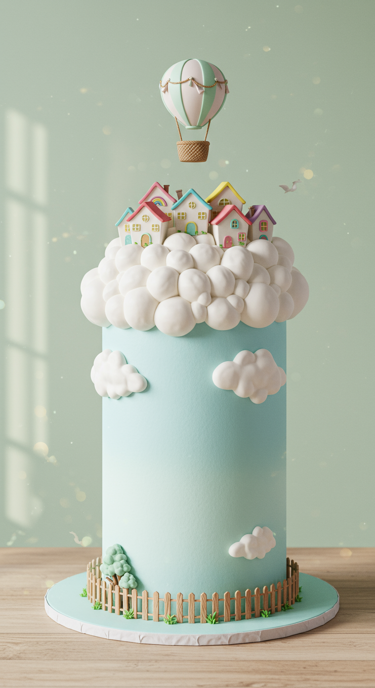 Hohe hellblaue Torte mit großen Fondant-Wolken, auf denen kleine Häuser stehen.