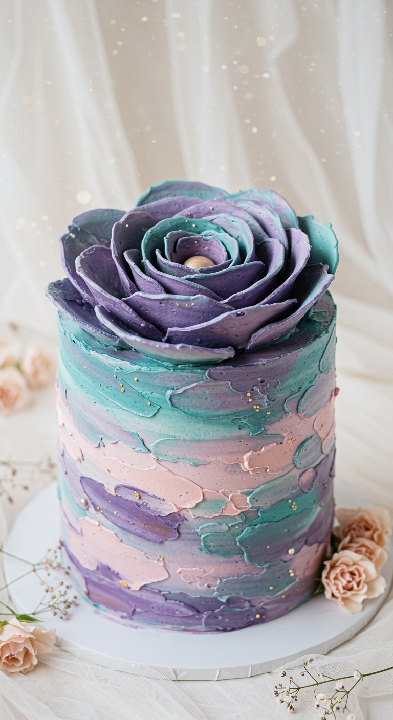 Pastellfarbene Galaxy-Torte mit großer Buttercreme-Rose.