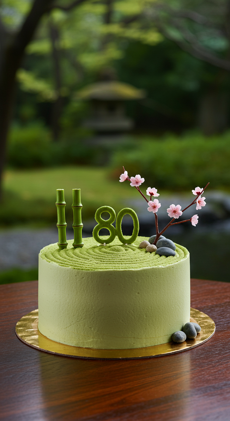 Grüne Matcha-Torte, dekoriert als Zen-Garten mit Bambus und Kirschblüten.