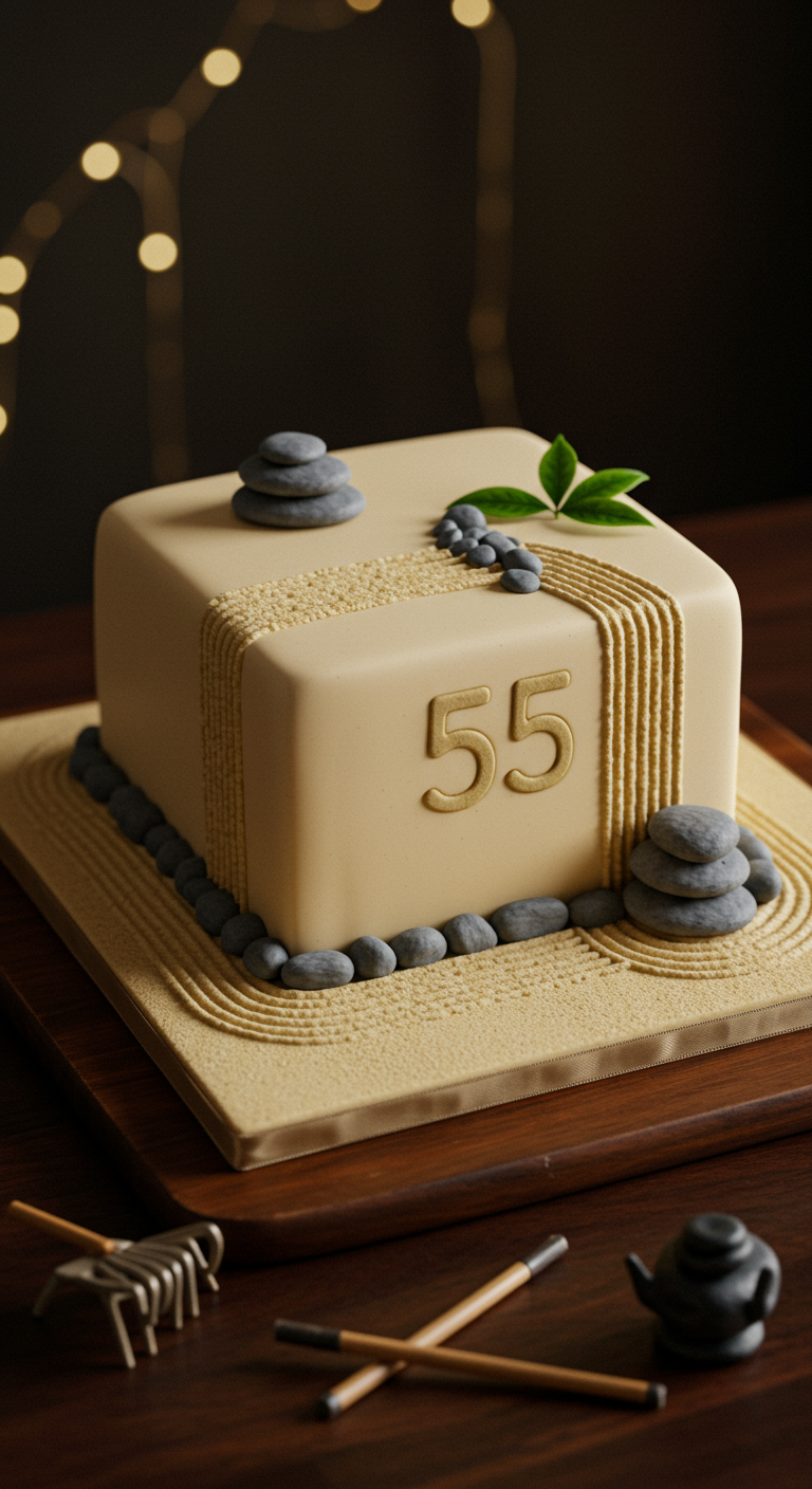 Quadratische beige Torte im Zen-Garten-Stil mit Steinen und Sandmuster.
