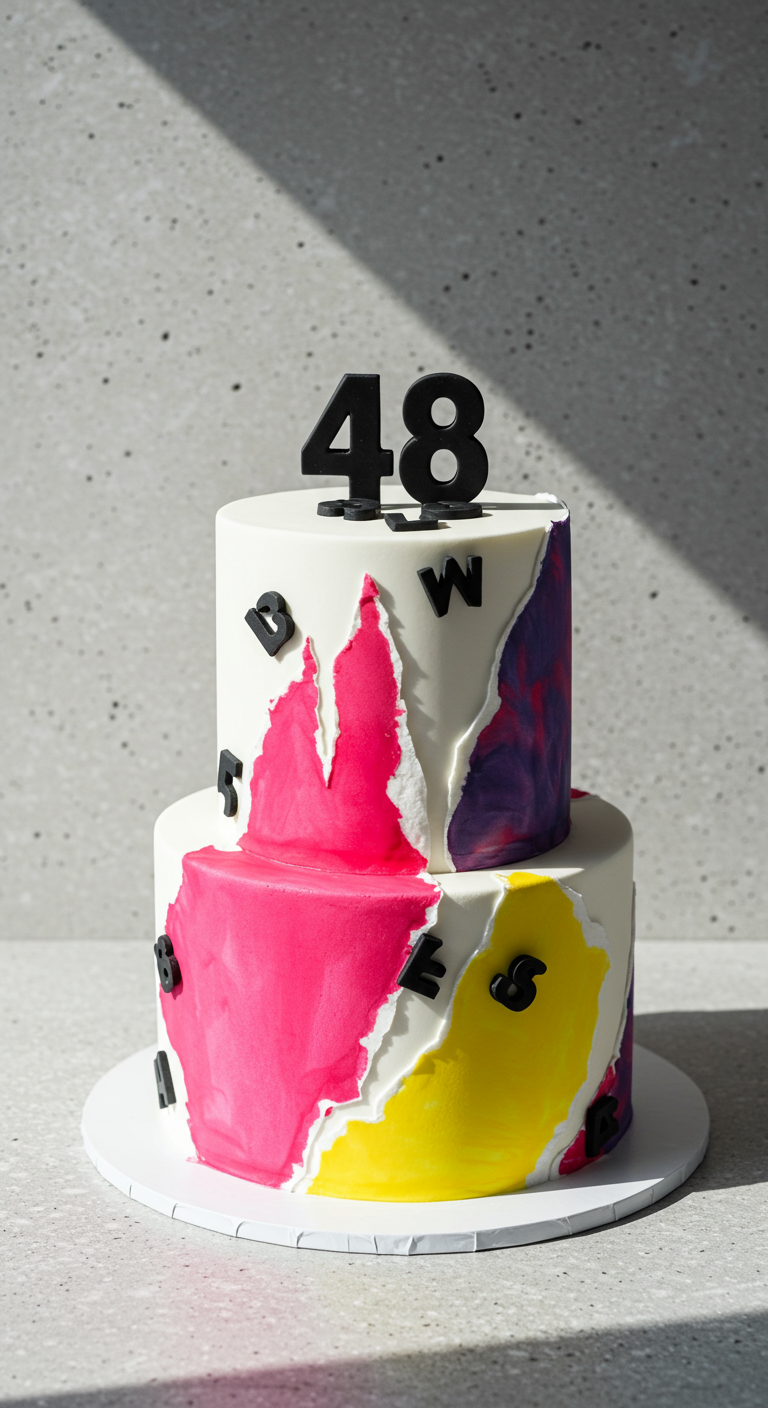 Zweistöckige weiße Torte mit „zerrissenen“ Kanten, die pinke, lila und gelbe Farbfelder zeigen.