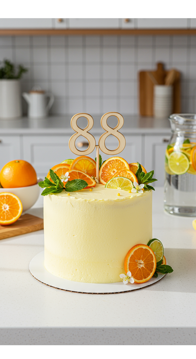 Einfache weiße Torte mit frischen Orangenscheiben, Limettenscheiben und Minze.