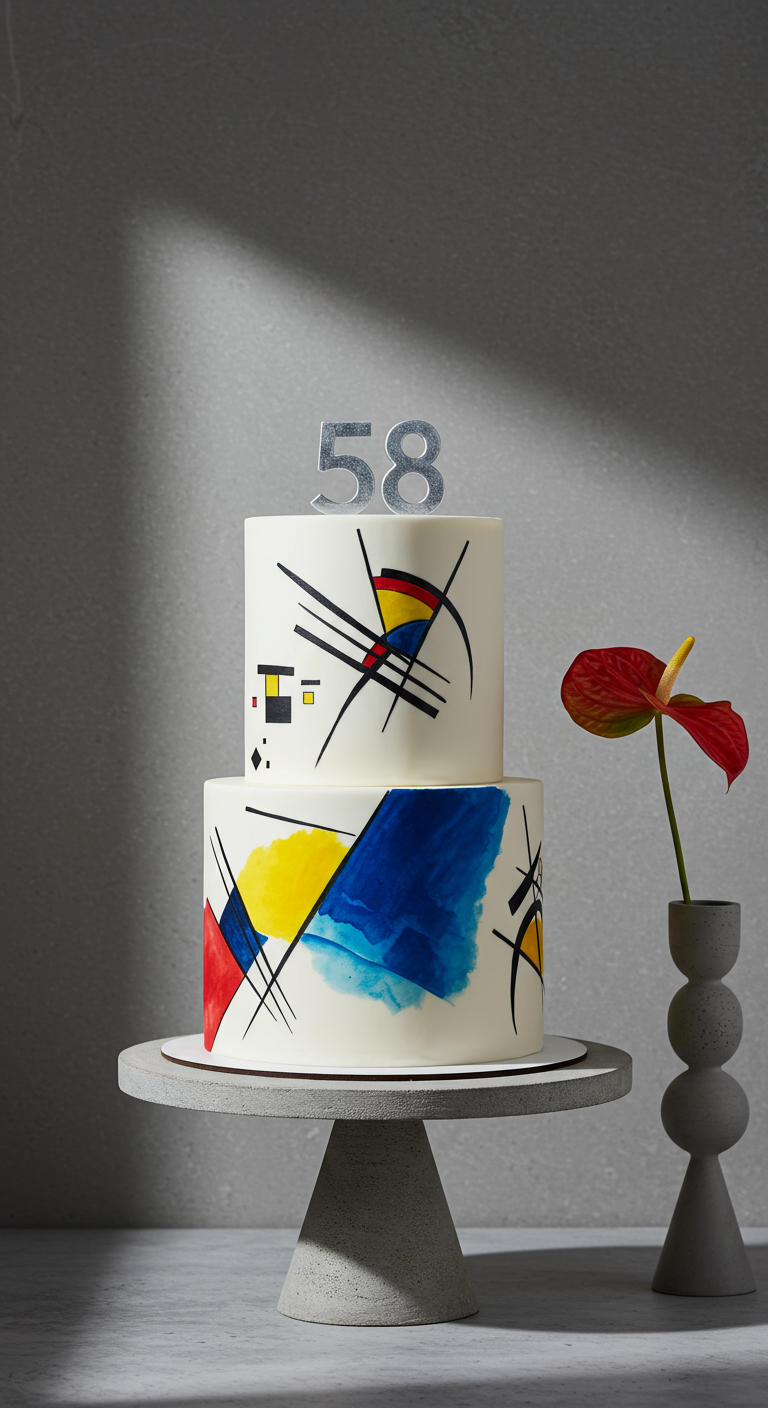 Zweistöckige weiße Torte mit abstraktem, farbigem Design und silberner Zahl 58 oben.