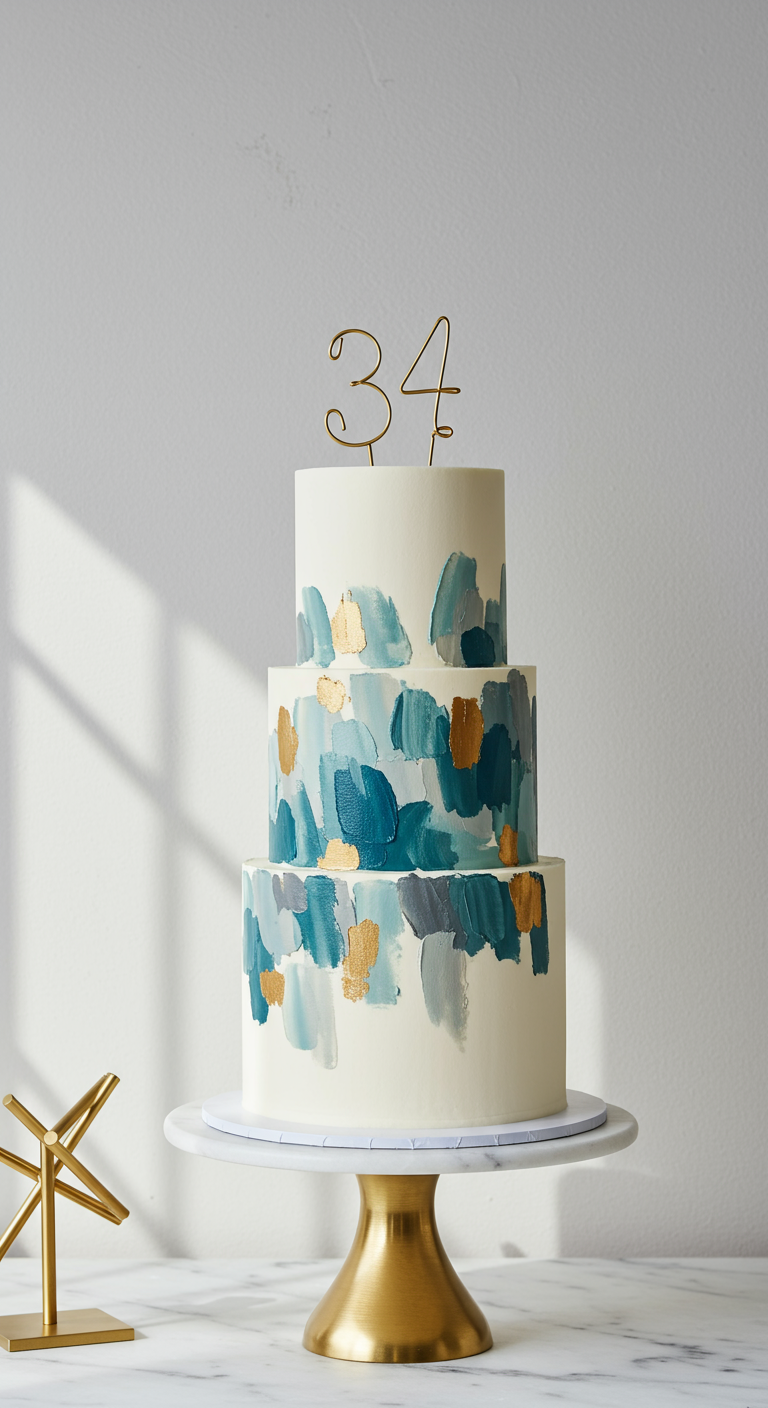 Dreistöckige weiße Torte mit blau-goldenen Pinselstrich-Akzenten und „34“-Topper.