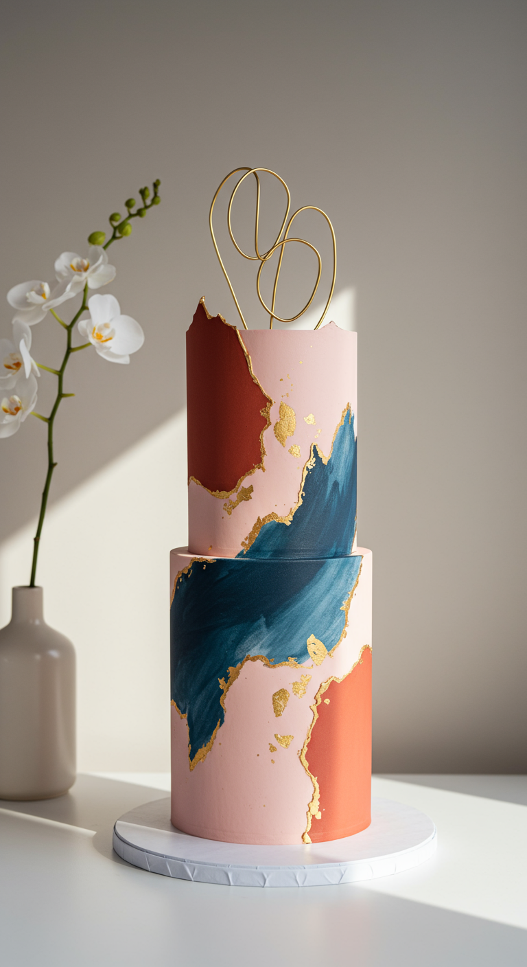 Zweistöckige Torte mit abstraktem Farbdesign in Rosa, Blau, Terrakotta und Gold.