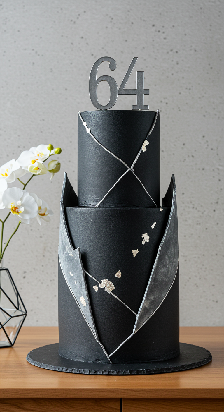 Moderne zweistöckige schwarze Torte mit silbernen geometrischen Akzenten und Zahl 64.