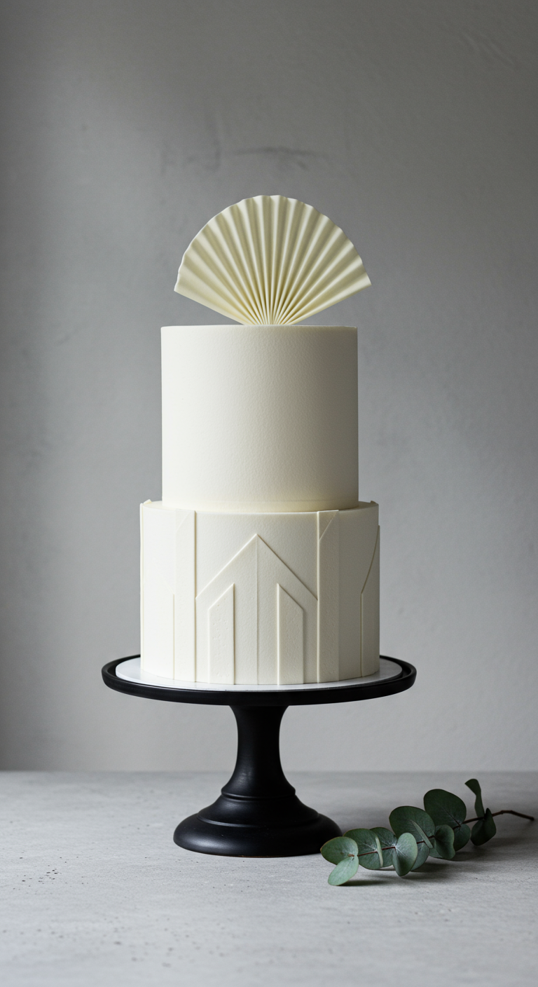 Zweistöckige weiße Art-Deco-Torte mit Fächer-Topper auf schwarzem Ständer.