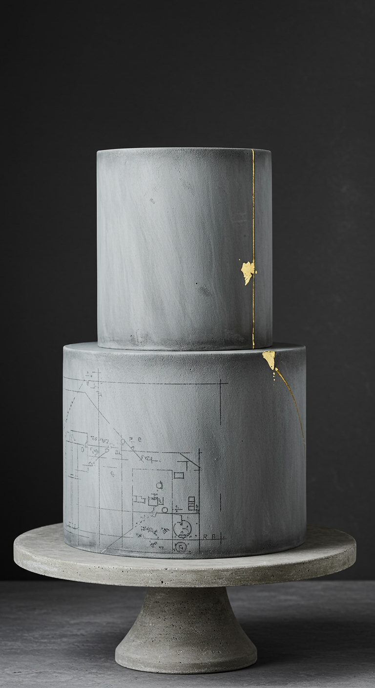 Zweistöckige graue Torte im Betonlook mit goldenem Riss und Bauplan-Skizze.