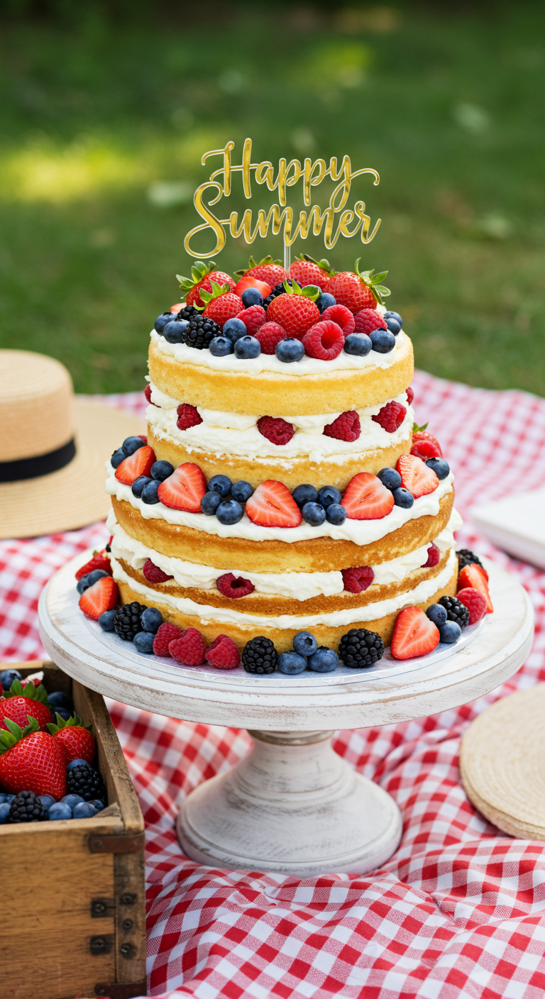 Üppiger Naked Cake mit frischen Beeren und