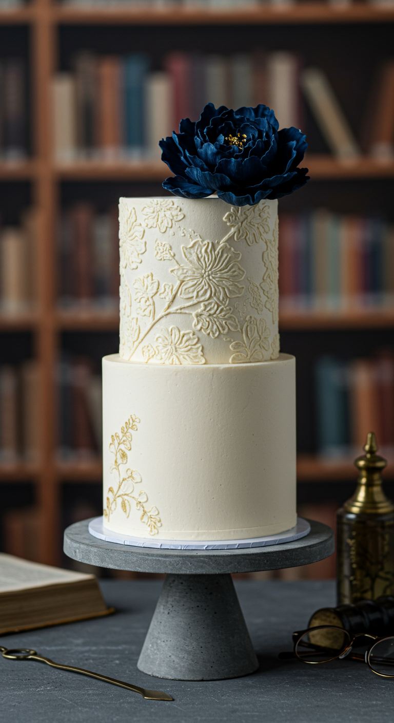 Weiße zweistöckige Torte mit blauer Blüte und Golddetails vor Bücherregal.