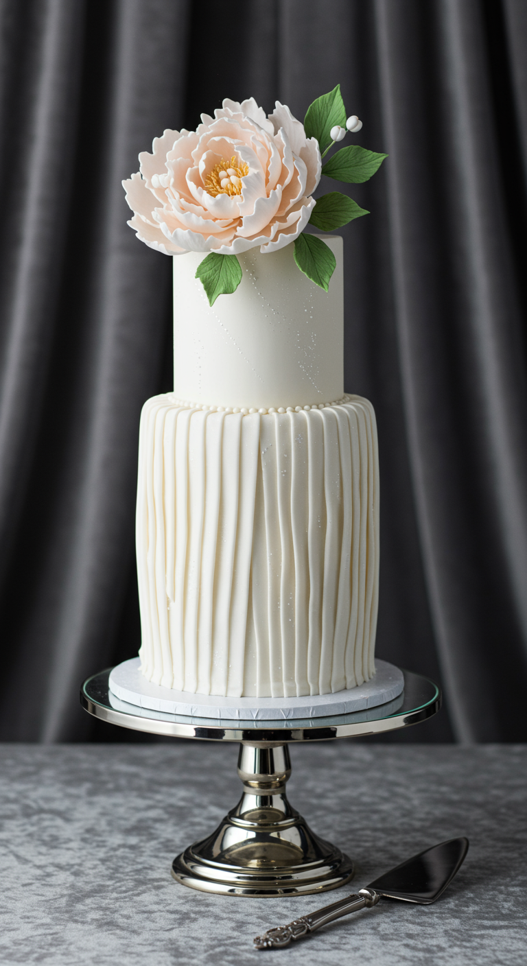 Zweistöckige weiße Torte mit großer Pfirsich-Zuckerblume.