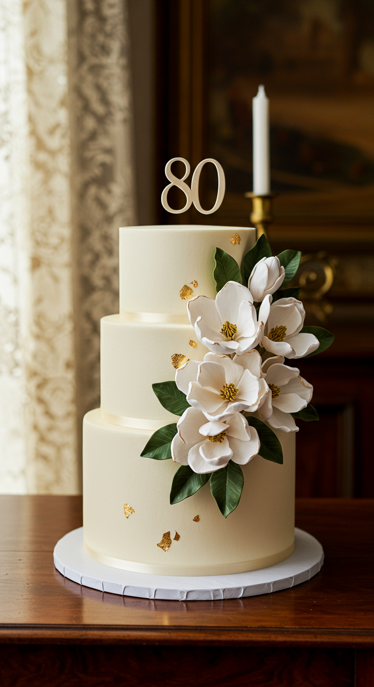 Elegante dreistöckige Cremetorte mit weißen Magnolienblüten und Goldflocken.