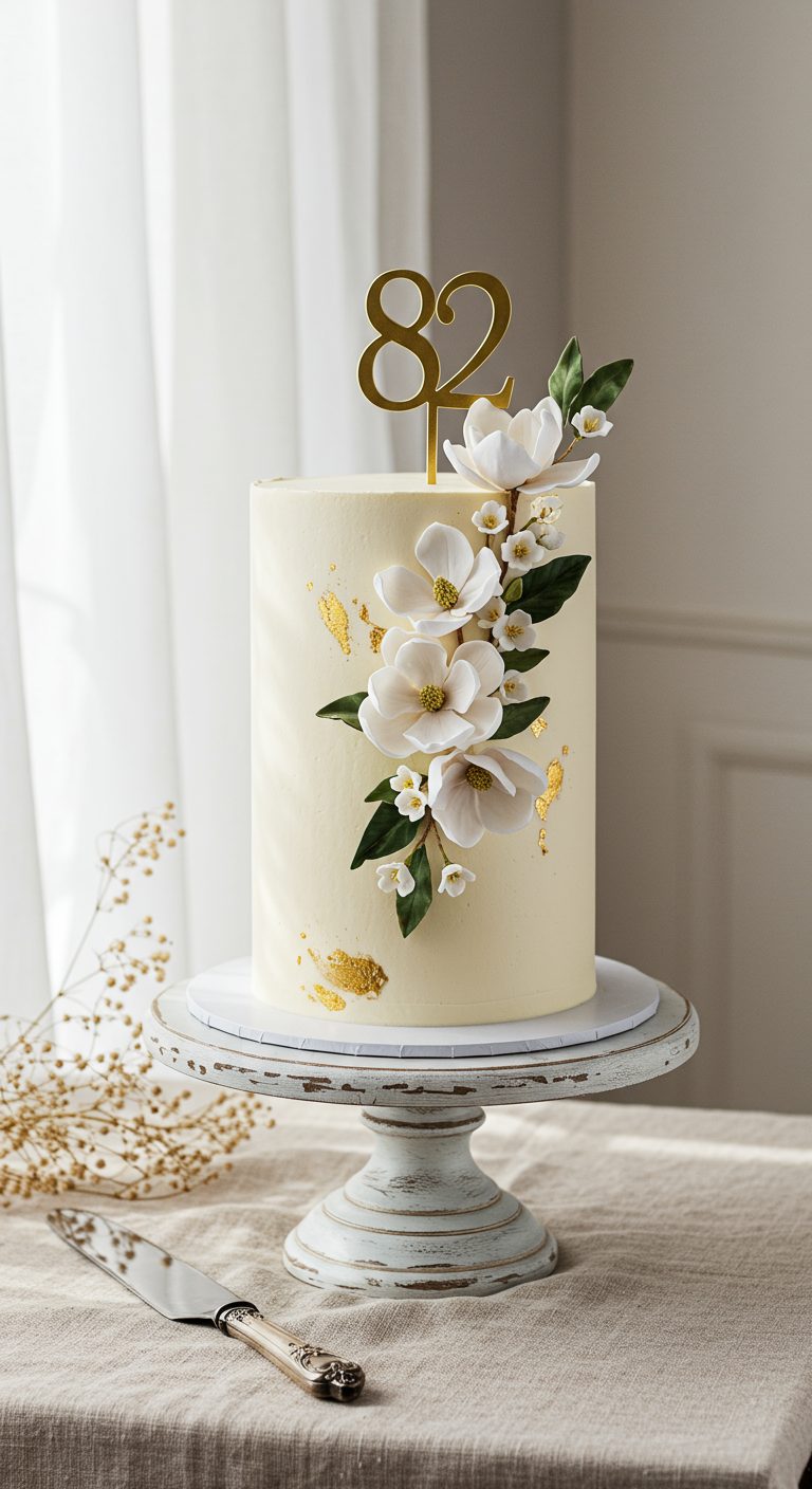 Hoher weißer Kuchen mit goldenem '82' Topper und weißen Zuckerblumen.