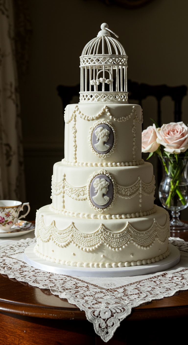Dreistöckige weiße Torte mit Cameo-Verzierungen und Vogelkäfig-Topper.