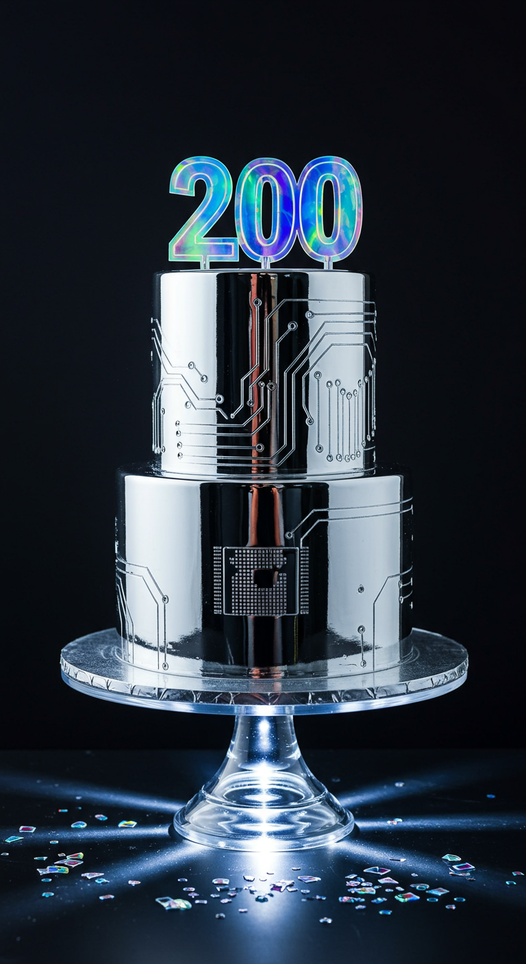 Zweistöckige Y2K-Torte in Silber mit Leiterbahnen-Muster und „200“ Topper.