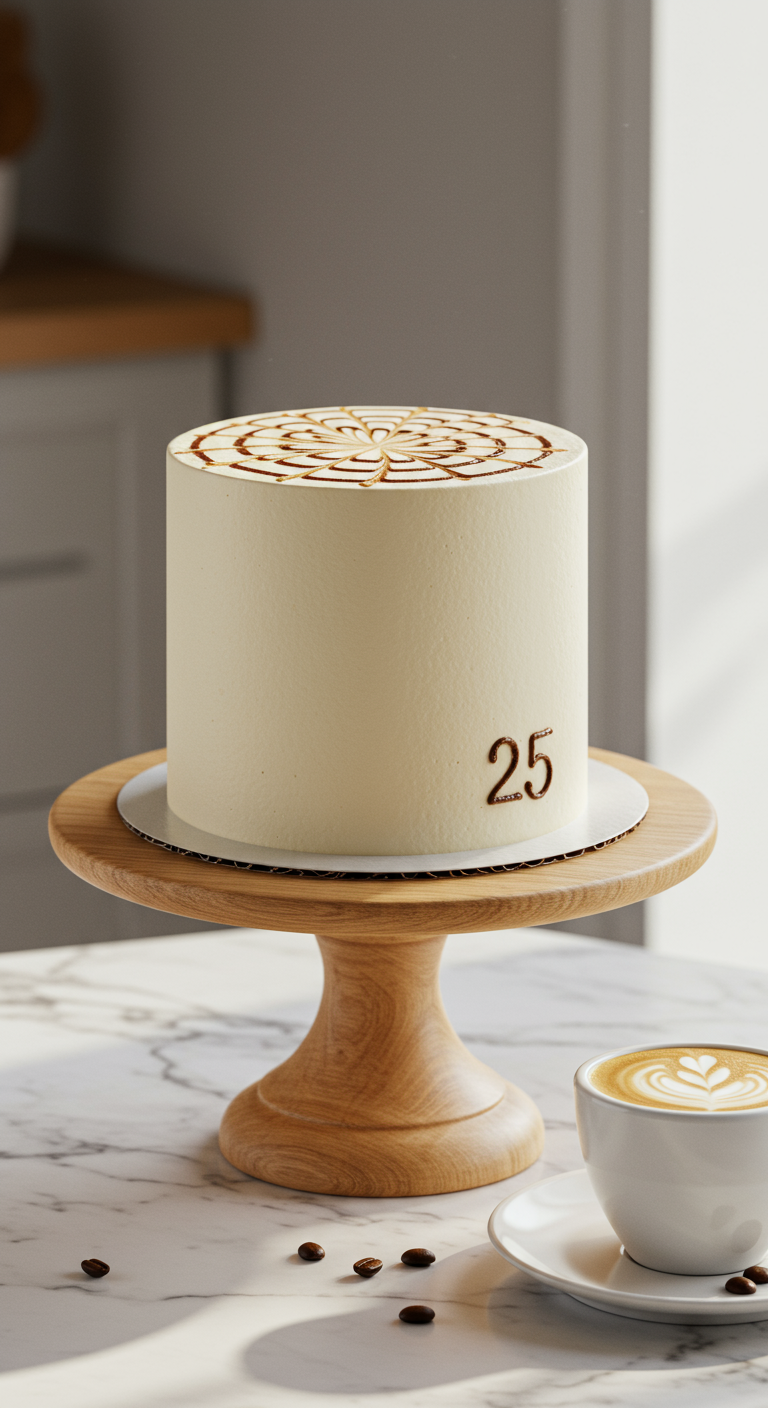 Schlichte weiße Torte mit Latte-Art-Muster und Zahl 25.