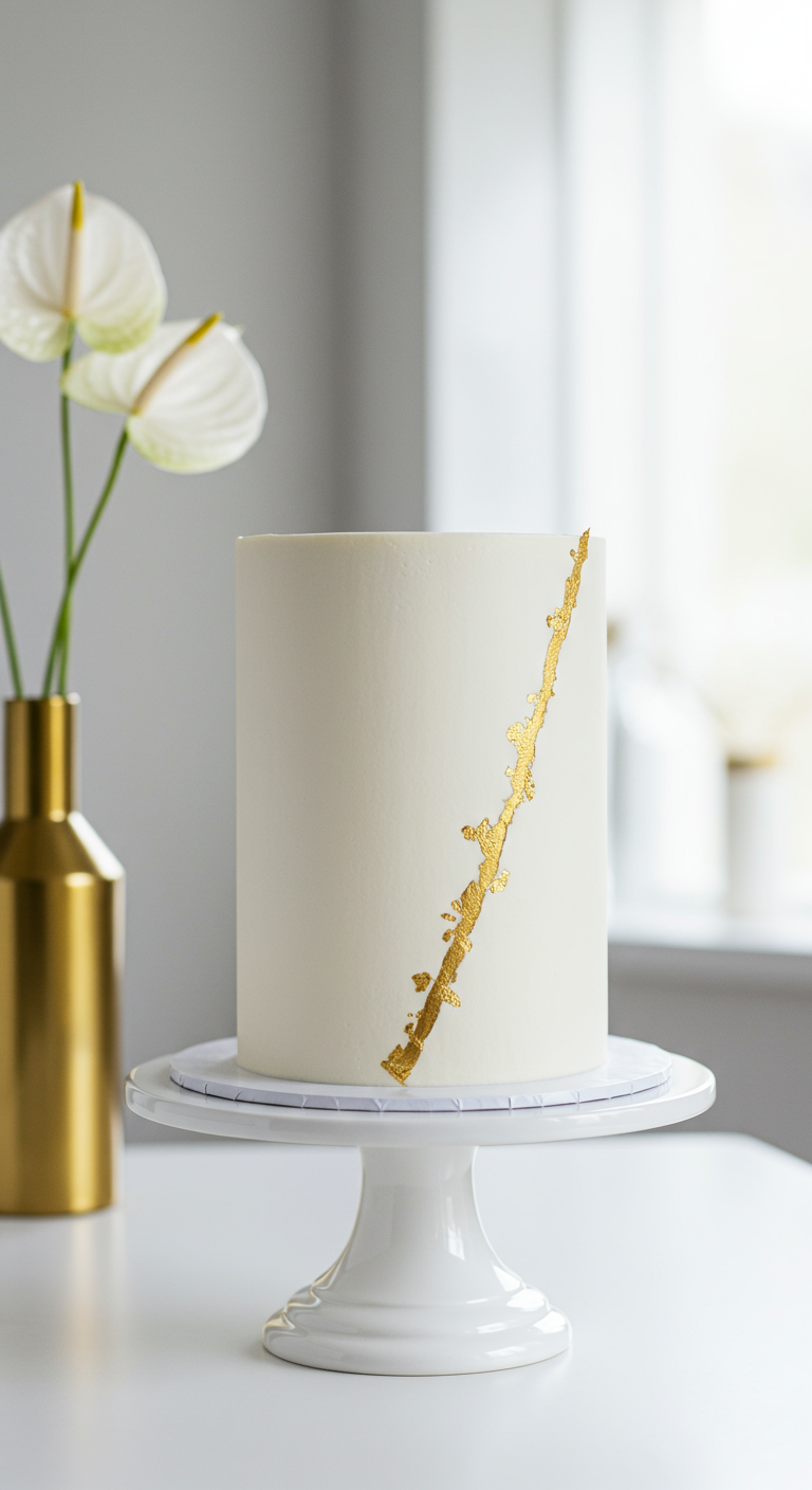 Minimalistische weiße Torte mit einem eleganten Goldstreifen.