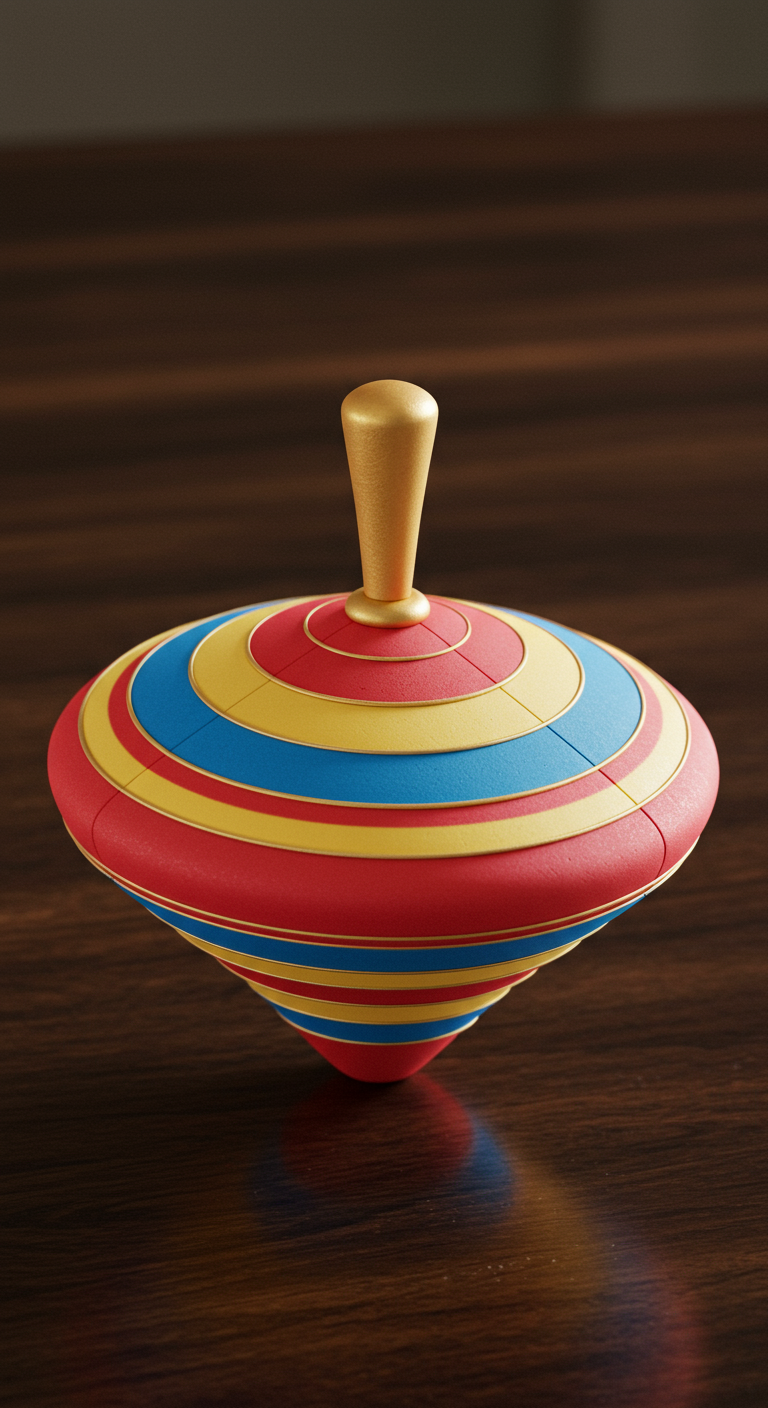 Bunte Kreisel-Torte in Rot, Gelb und Blau auf Holztisch.