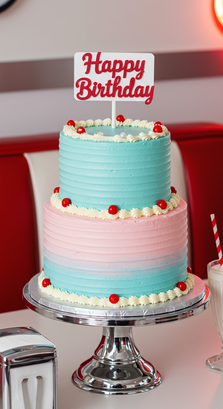 Zweistöckige Retro-Torte in Rosa und Hellblau mit Kirschen und Happy Birthday Topper.