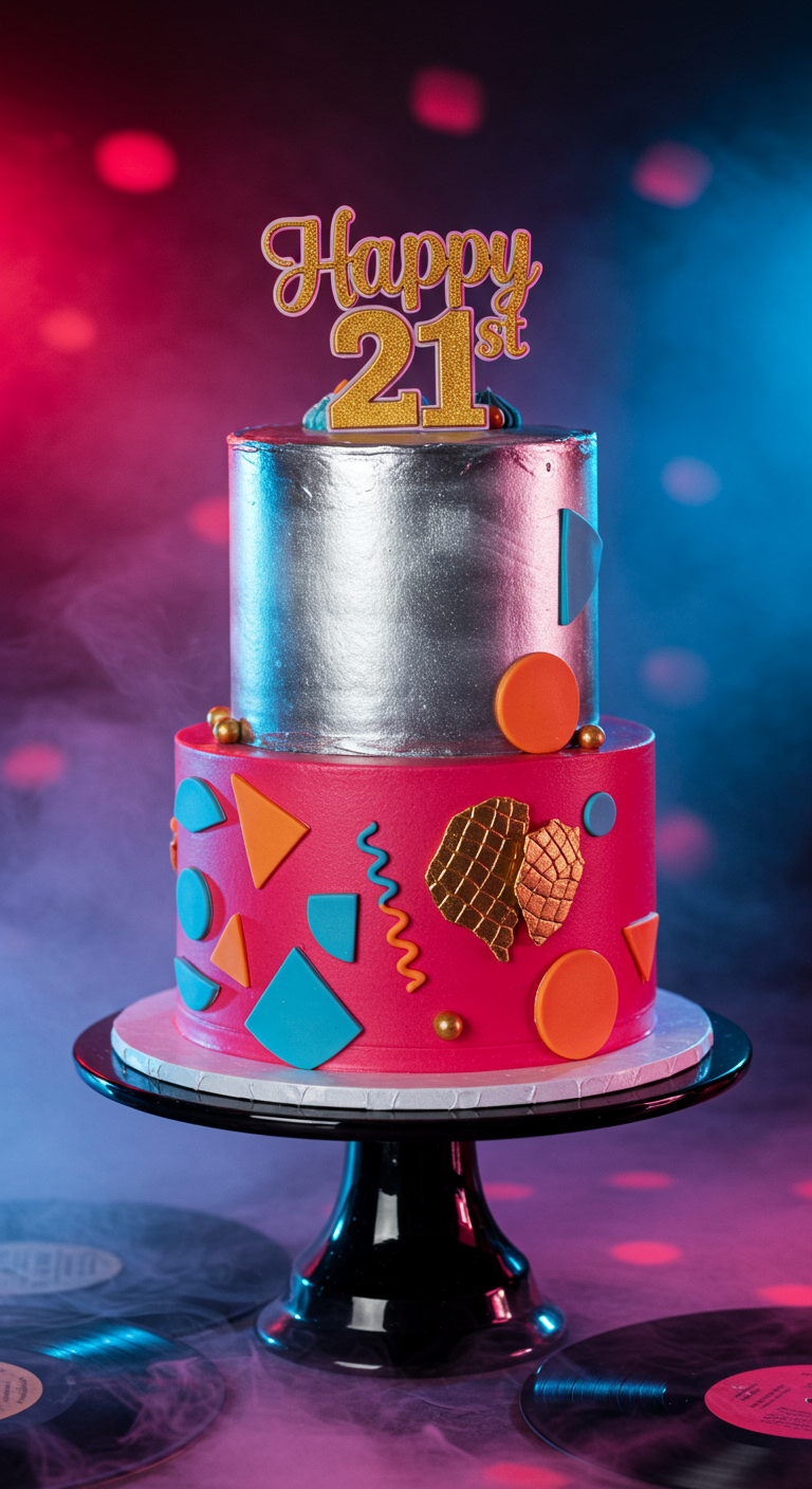 Zweistöckige 80er-Jahre Torte mit Silberglanz und bunten geometrischen Formen.