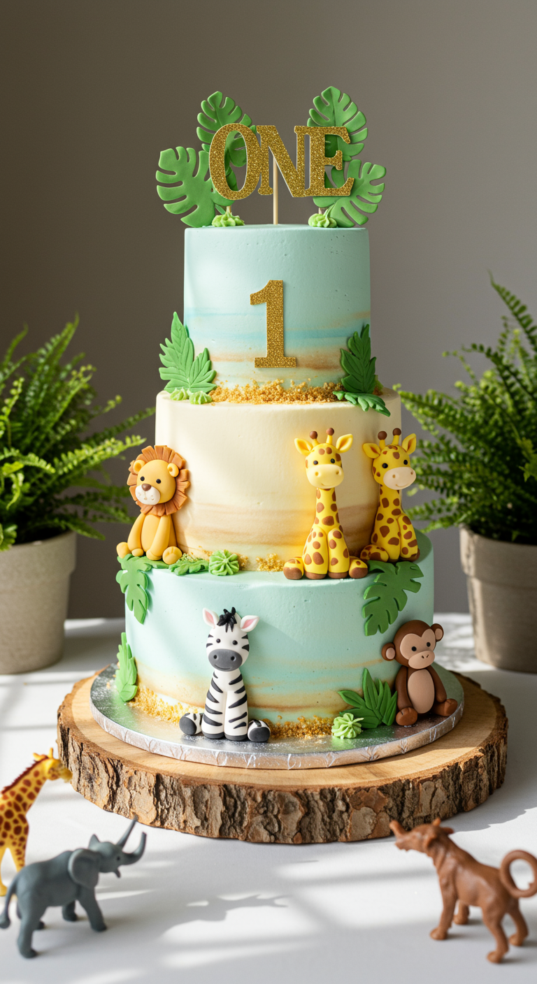 Dreistöckige Safaritorte mit Löwe, Giraffen, Zebra und Affe aus Fondant.