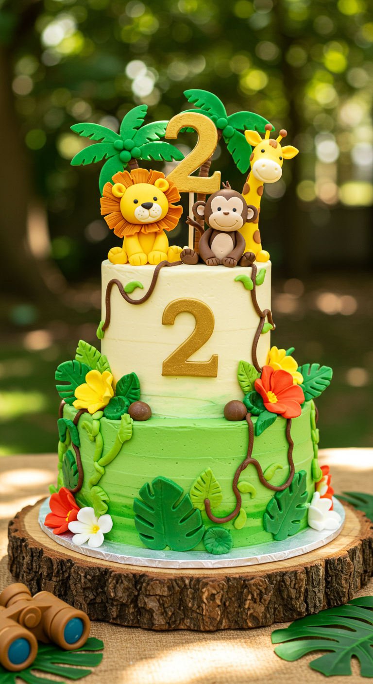 Zweistöckige Dschungel-Torte mit Fondant-Tieren und goldenen Zweien.