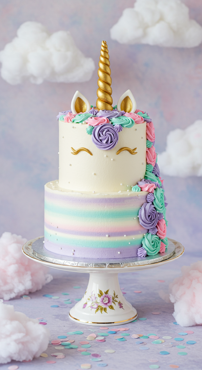 Zweistöckige Einhorntorte mit goldenem Horn, Pastell-Buttercreme und bunten Rosetten.