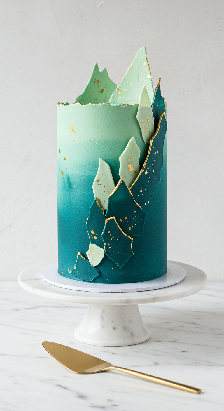 Hohe, blau-grüne Ombré-Torte mit türkisfarbenen Schokoladensplittern und Goldakzenten.