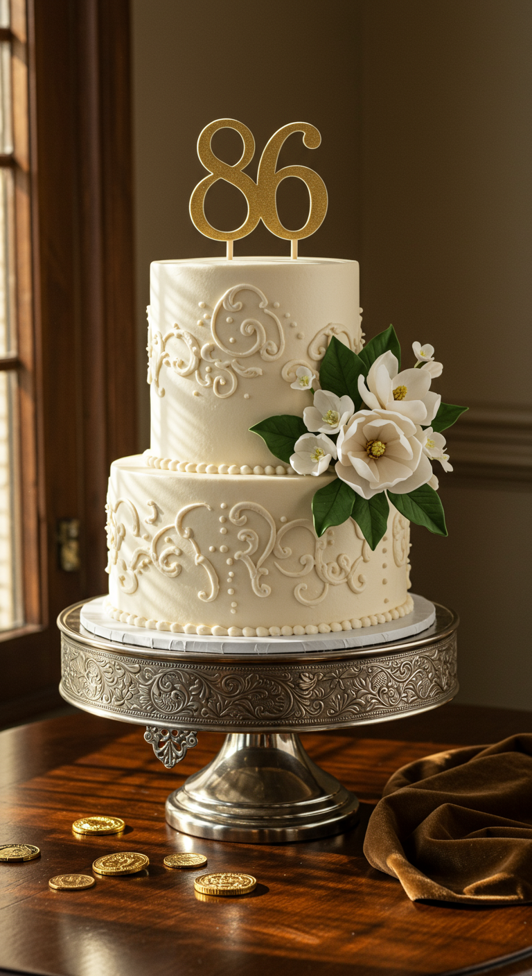 Elegante zweistöckige weiße Torte mit goldenem