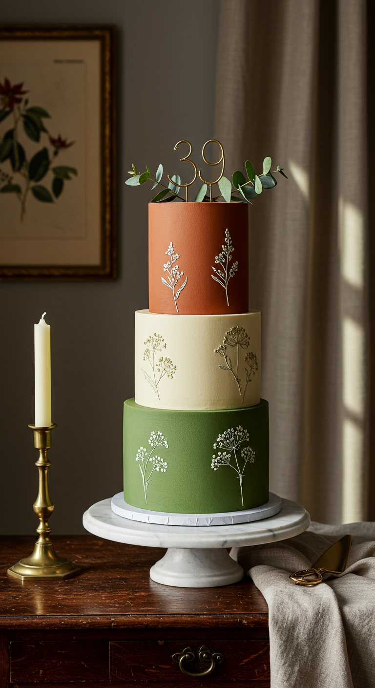 Dreistöckige Torte in Erdtönen mit floralen Mustern und 39-Topper.