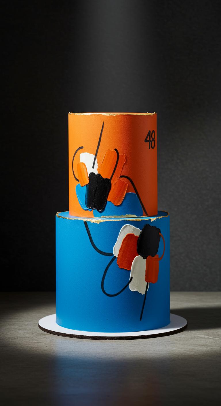 Zweistöckige Torte in Orange und Blau mit abstrakten Farbflecken und Goldrand.