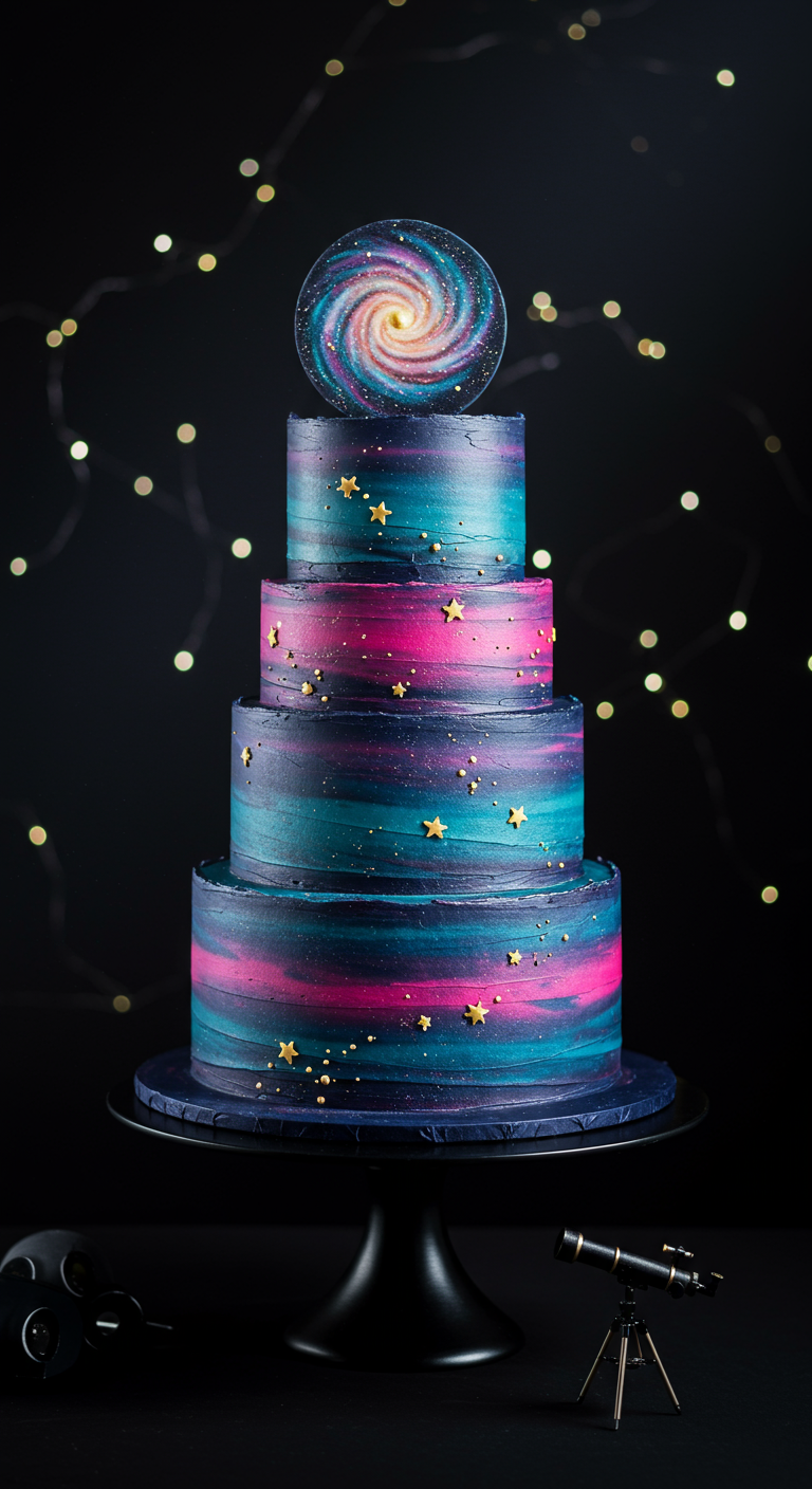 Mehrstöckige Galaxy-Torte in Pink-Blau-Türkis mit Sternen und Spiralgalaxie-Topper.