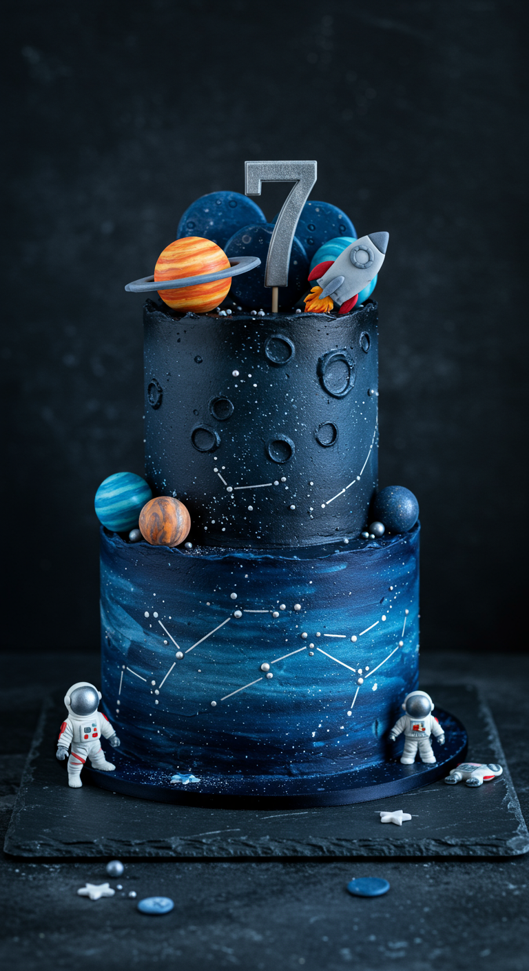 Zweistöckige Weltraum-Torte mit Planeten, Rakete und Astronauten.