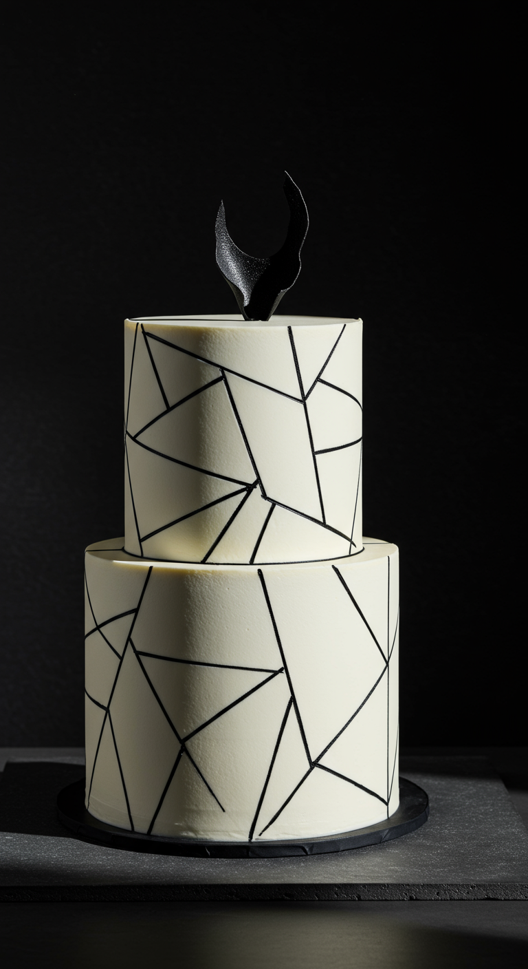 Zweistöckige weiße Torte mit schwarzen geometrischen Linien und abstraktem Schokotopper.