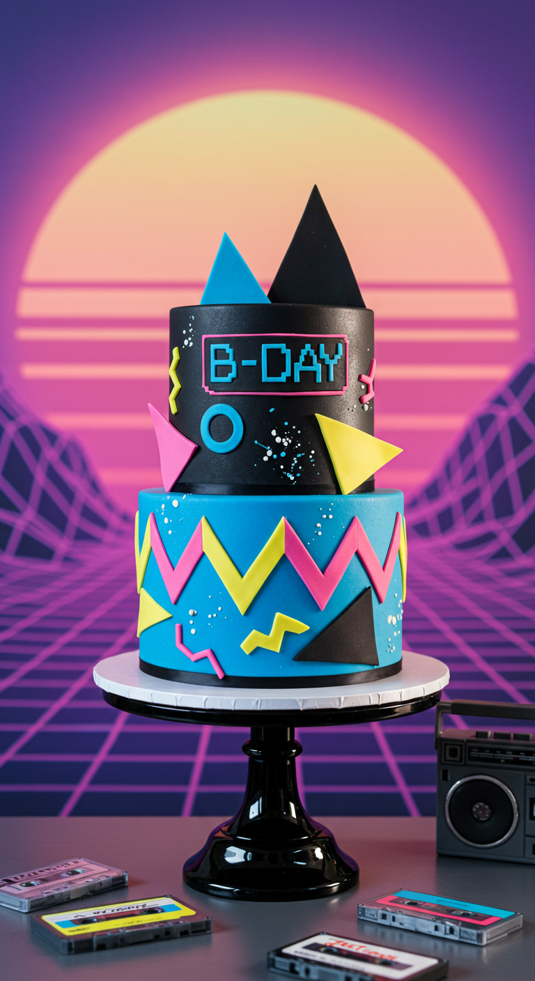 Zweistöckige 80er-Jahre Torte mit geometrischen Neon-Formen und