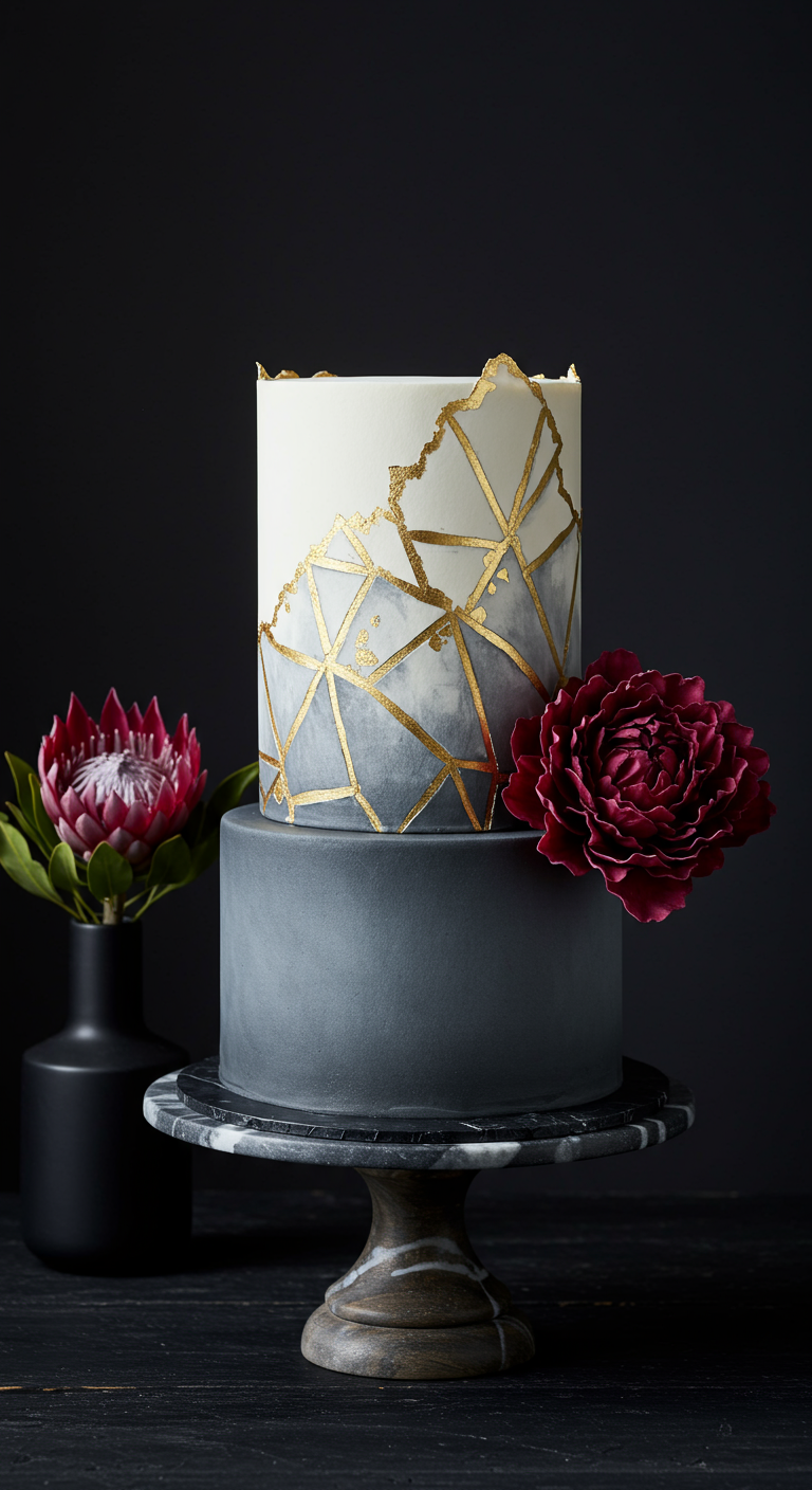 Zweistöckige Torte in Grau-Weiß mit goldenen Linien und roten Blumen.