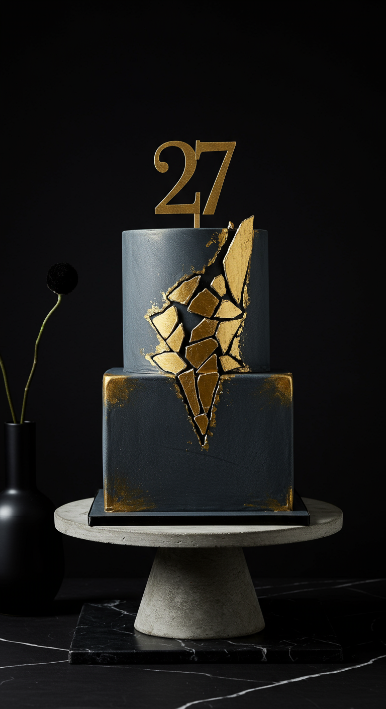 Zweistöckige, dunkelgraue Torte mit goldenem Brucheffekt und Zahl 27.