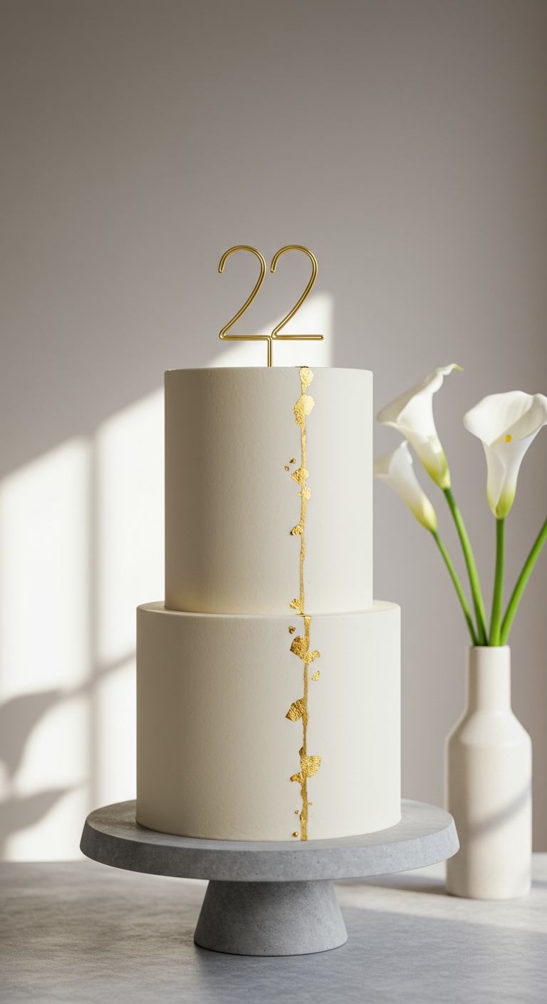 Zweistöckige weiße Torte mit Goldakzent und Zahl 22 Topper.