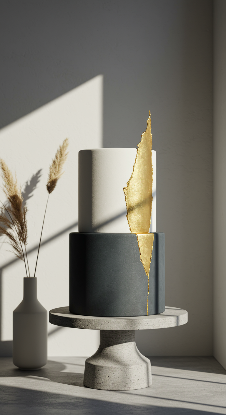 Moderne zweistöckige Torte, schwarz-weiß mit goldenem Riss-Akzent.