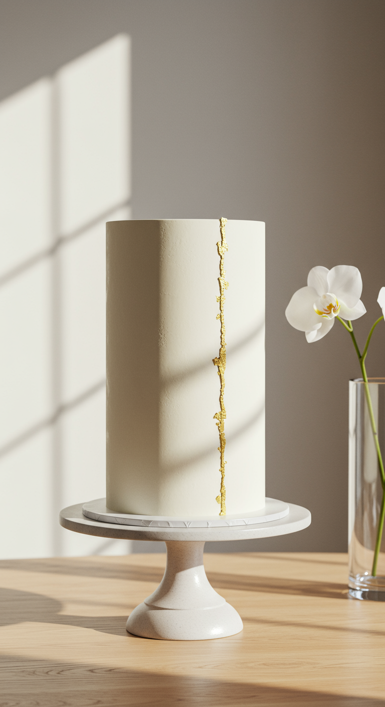 Hohe weiße Torte mit feiner Goldlinie verziert, daneben eine Orchidee.