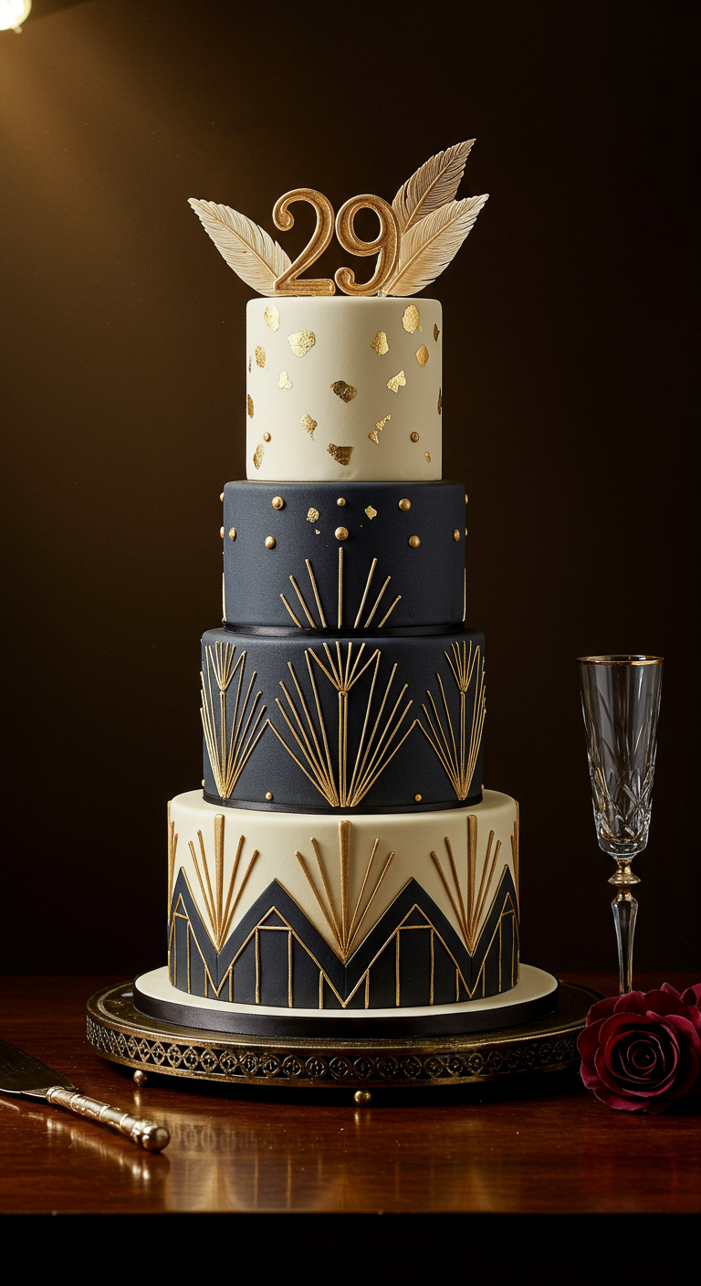 Vierstöckige Art-déco-Torte in Schwarz, Weiß, Gold mit Zahl 29 und Feder-Topper.